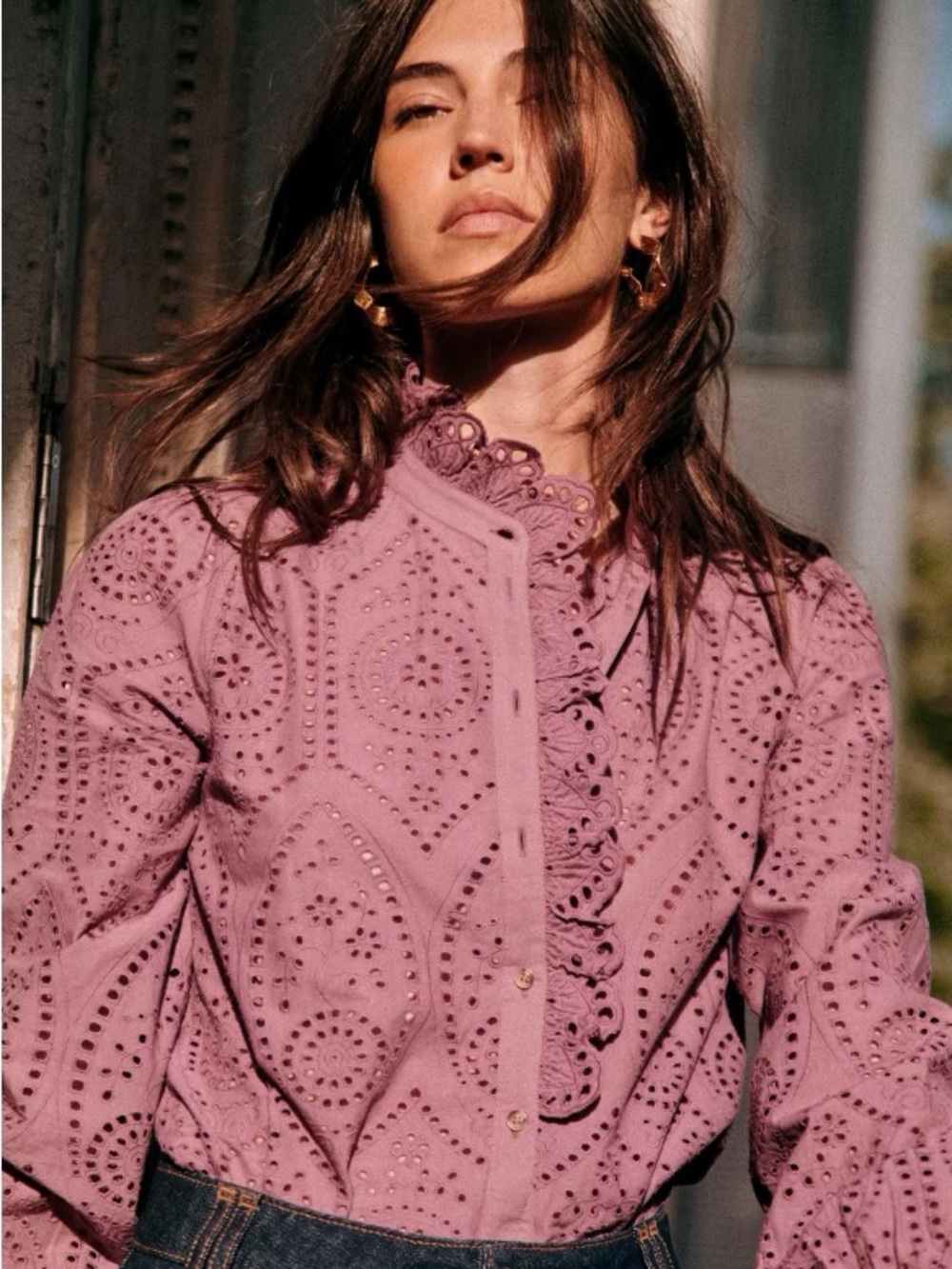 SEZANE Purple Wisteria Eyelet Ruffle Button Down Shirt Scalloped Chlo Blouse Top - Picture 4 of 14